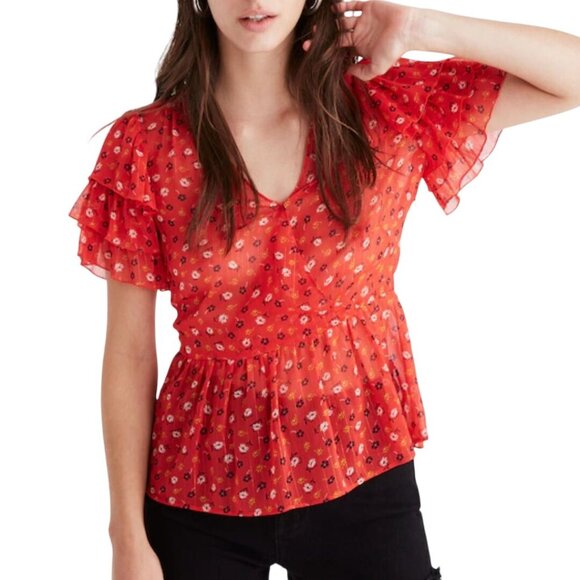 Madewell Tiered Sleeve Peplum Top Metallic Prairie Posies Size 2 - Picture 1 of 11
